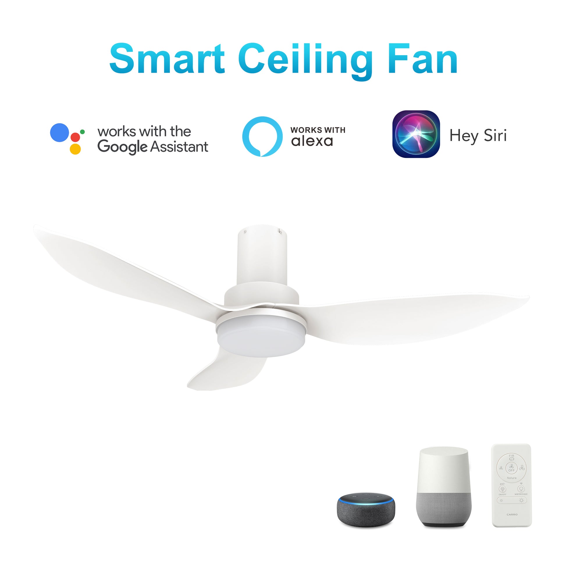 Carro RYNA 36 inch 3-Blade Flush Mount Smart Ceiling Fan with LED Light Kit & Remote- White/White