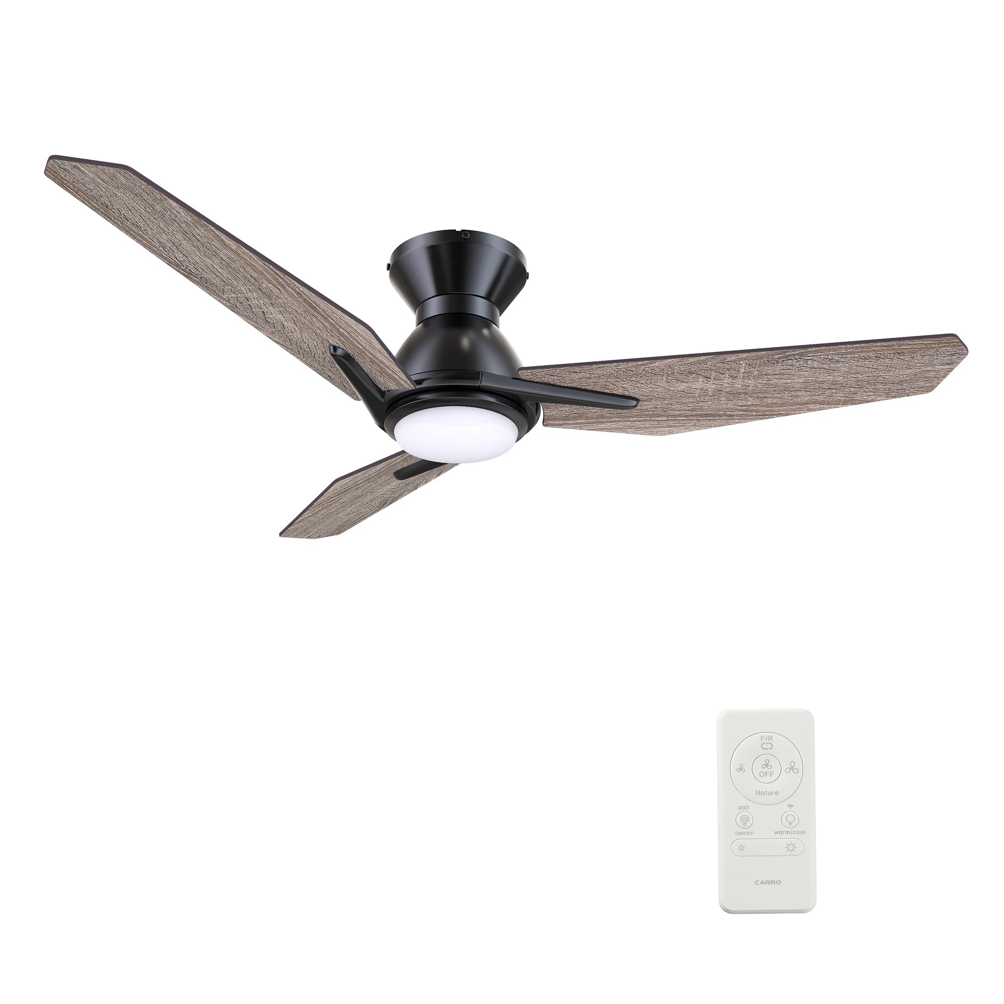 Carro CALEN 44 inch 3-Blade Flush Mount Smart Ceiling Fan with LED Light Kit & Remote Control- Black/Natural Oak