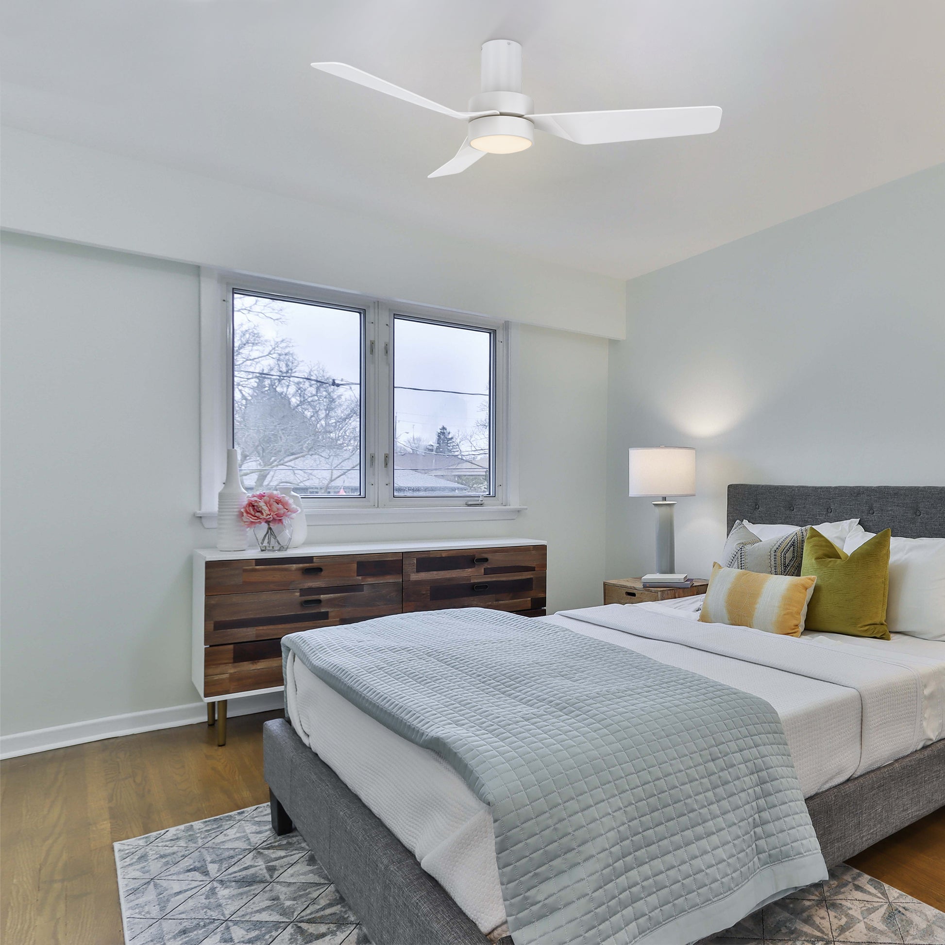 Carro PORTER 44 inch 3-Blade Flush Mount Smart Ceiling Fan with LED Light Kit & Remote- White/White
