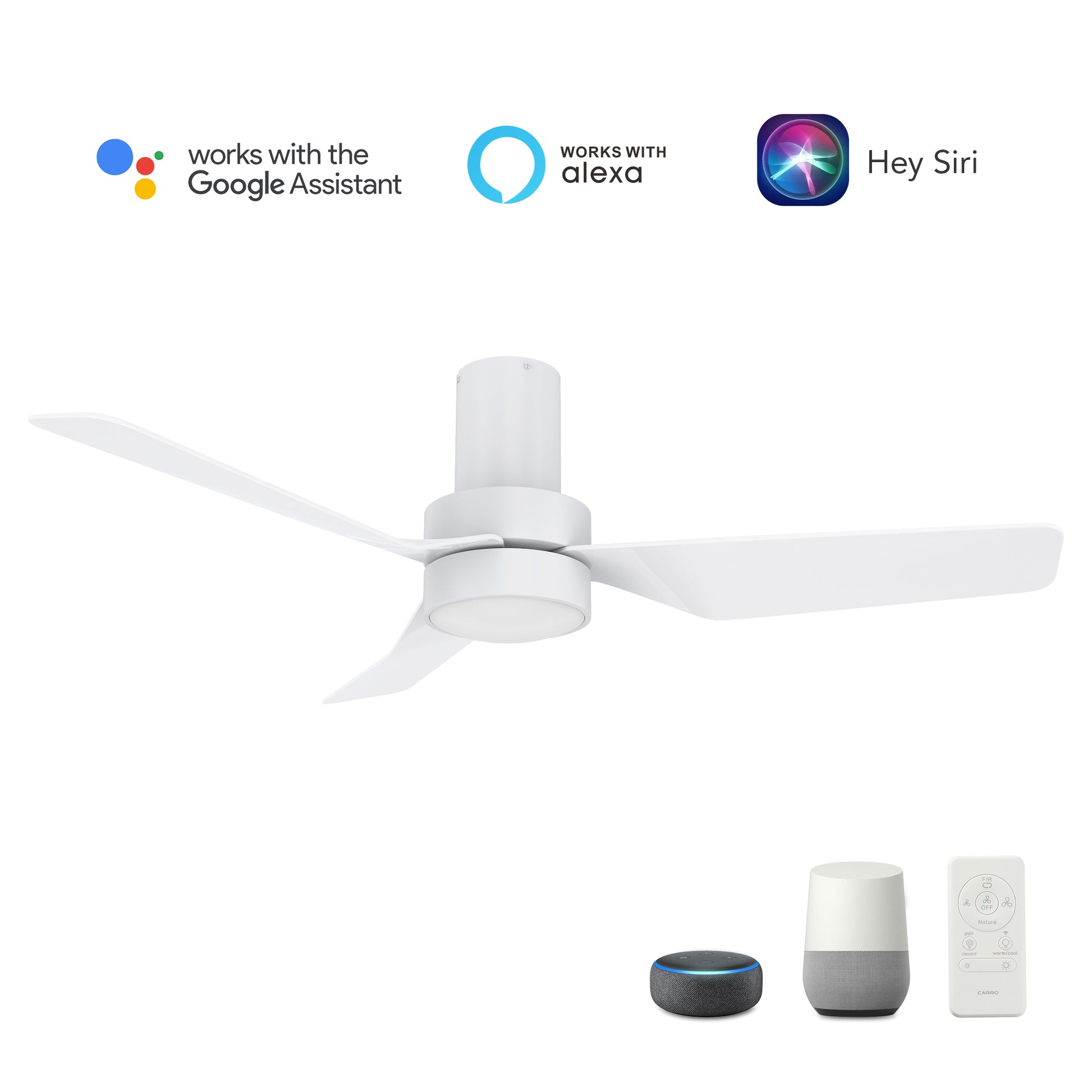 Carro PORTER 44 inch 3-Blade Flush Mount Smart Ceiling Fan with LED Light Kit & Remote- White/White