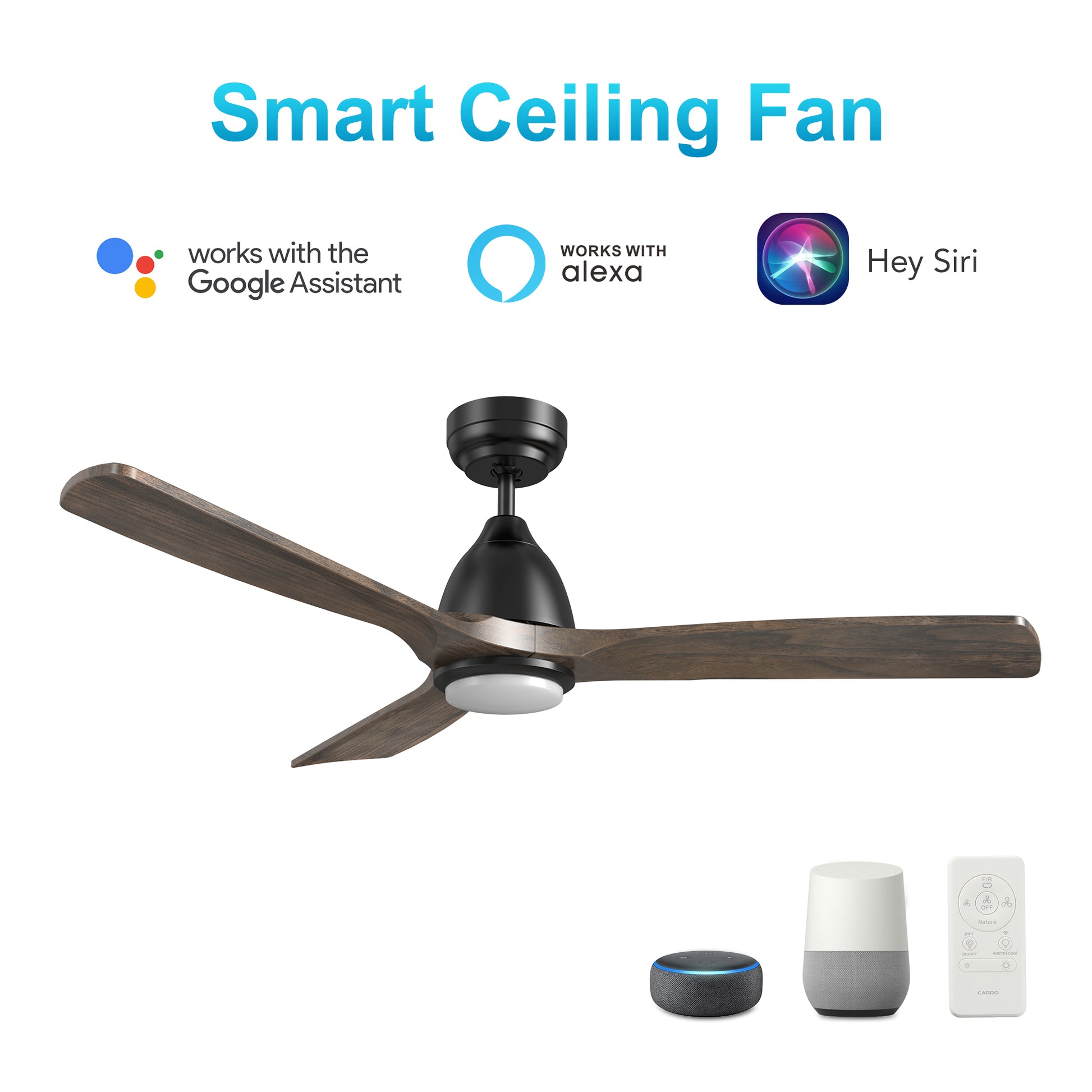 Carro RILEY 48 inch 3-Blade Smart Ceiling Fan with LED Light Kit & Remote- Black/Dark Walnut