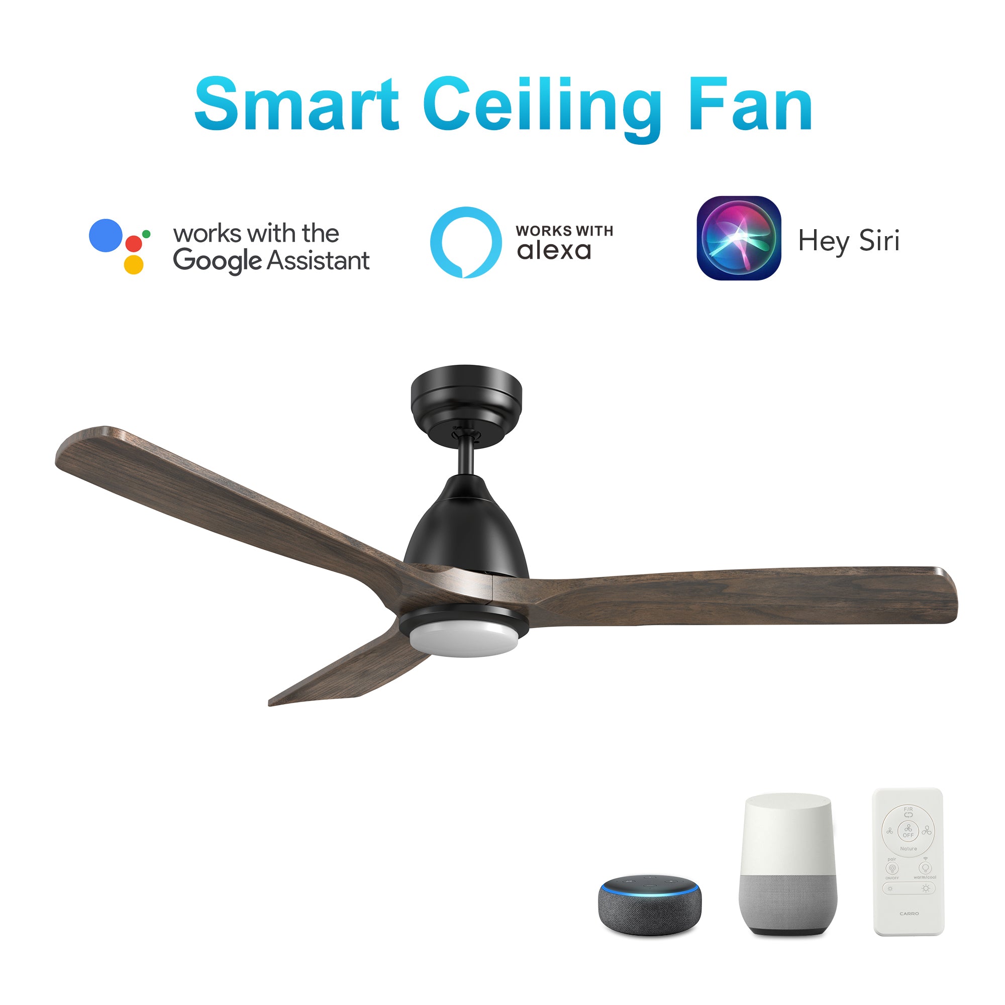Carro RILEY 48 inch 3-Blade Smart Ceiling Fan with LED Light Kit & Remote- Black/Dark Walnut