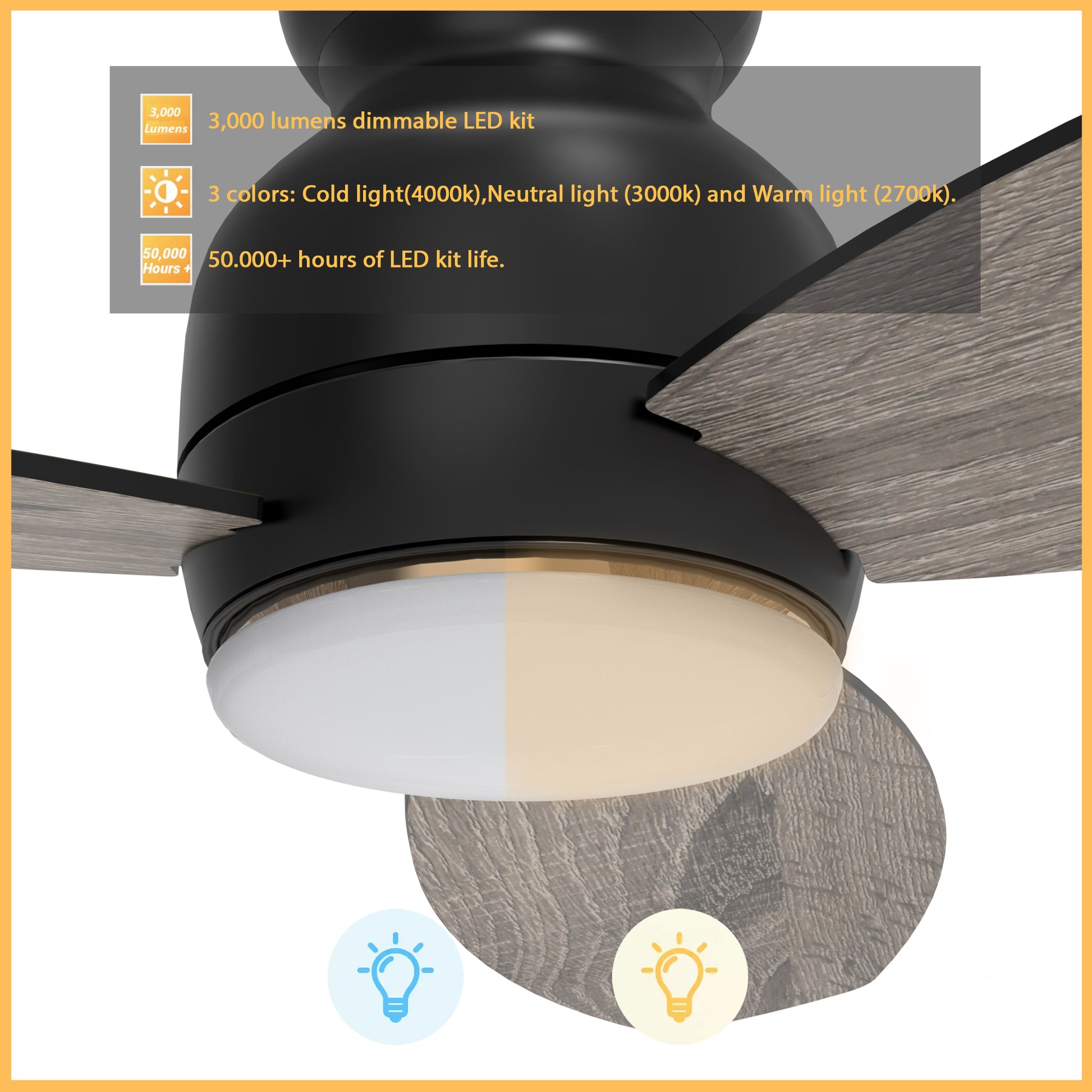 Carro Home TRENTO 48 inch 3-Blade Smart Ceiling Fan with LED Light Kit & Remote- Black/Dark & Light Wood (Reversible Blades)