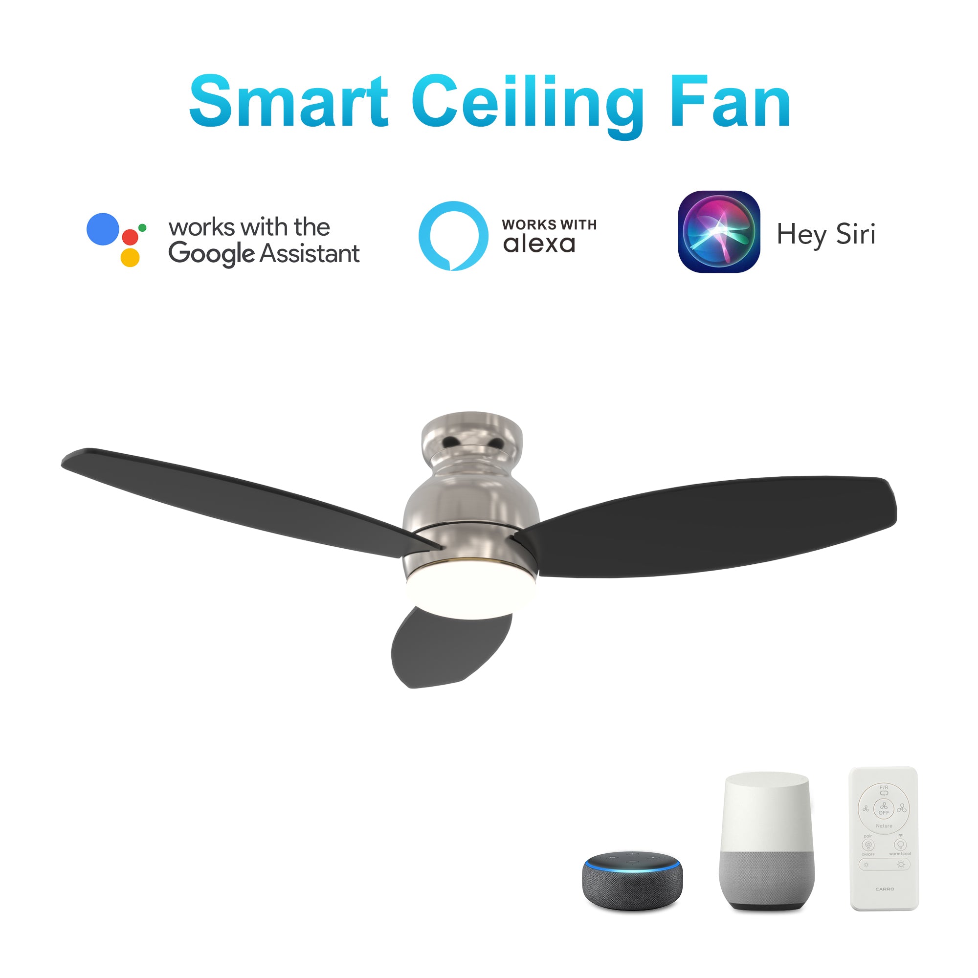Carro Home TRENTO 48 inch 3-Blade Flush Mount Smart Ceiling Fan with LED Light Kit & Remote- Silver/Black blades
