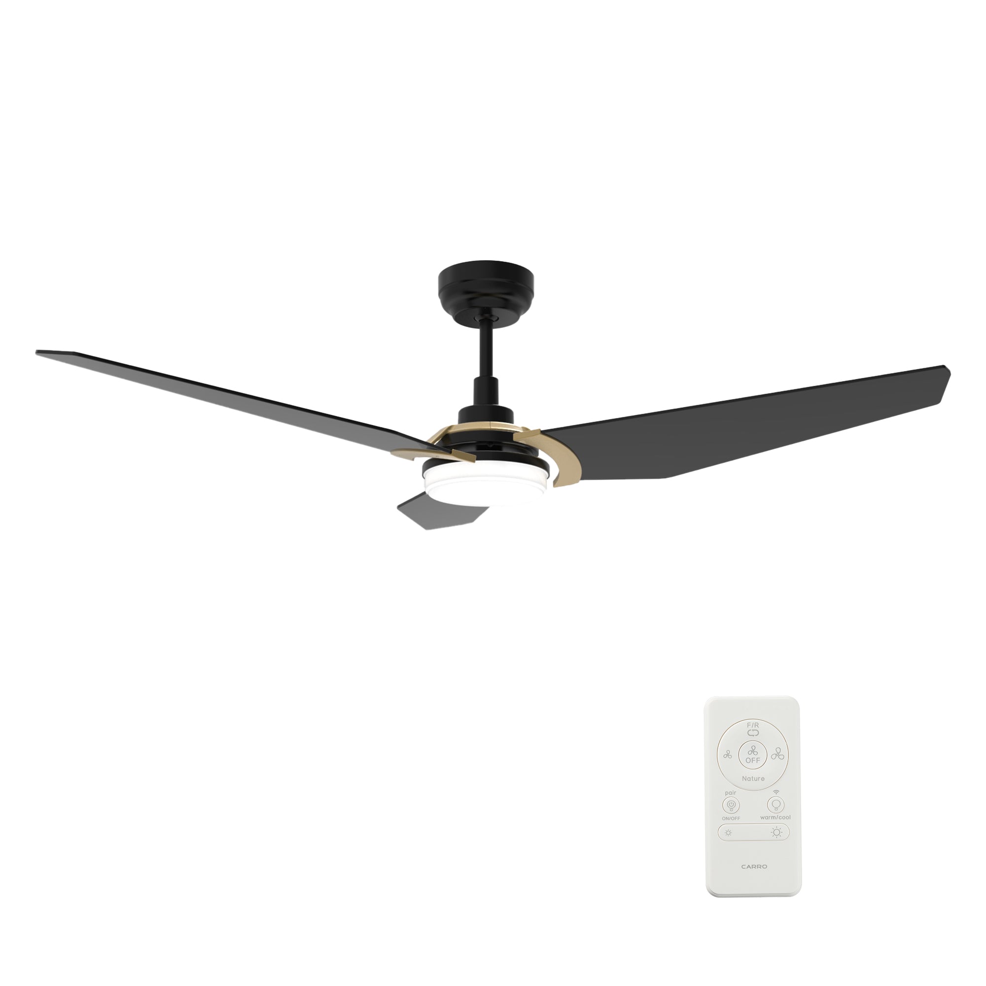 Carro USA KAJ 52 inch 3-Blade Smart Ceiling Fan with LED Light Kit & Remote-Black/Black (Gold Details) fan blades