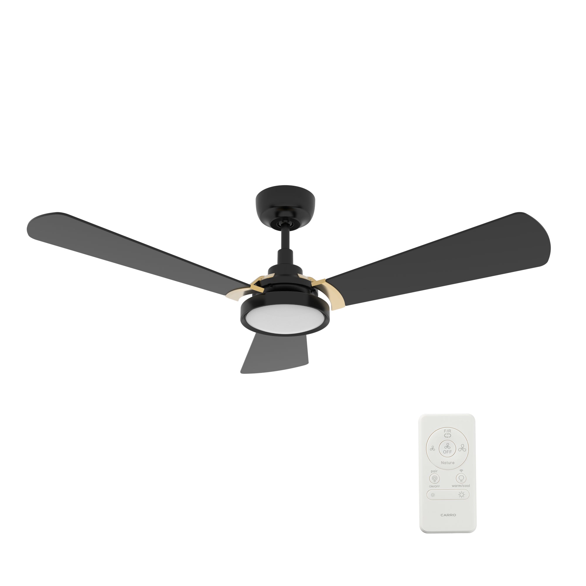 Carro Home BRISA 52 inch 3-Blade Smart Ceiling Fan with LED Light & Remote Control - Black/Black (Gold Details) Fan Blades