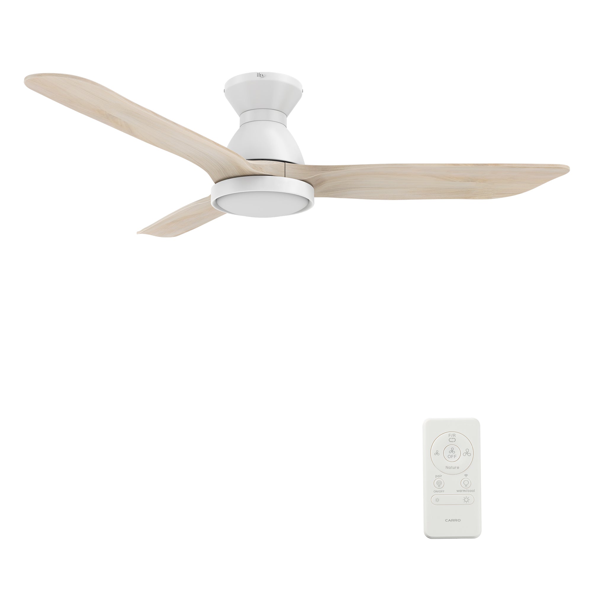 Carro JAARON 52 inch 3-Blade Flush Mount Smart Ceiling Fan with LED Light Kit & Remote- White/White Oak