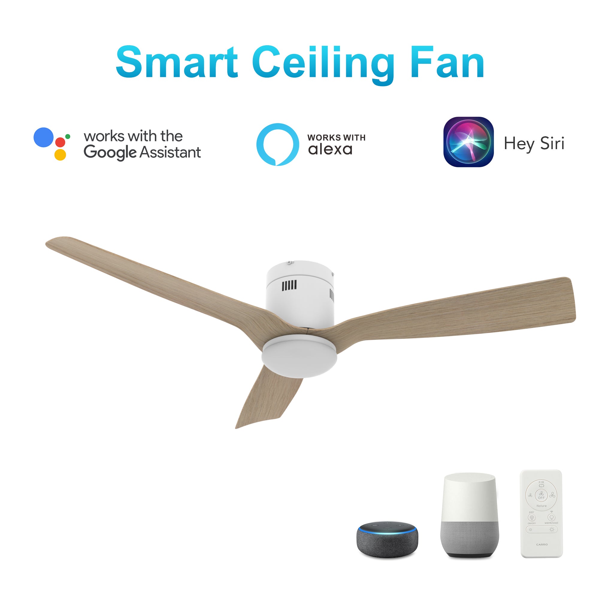 Carro Home SPEZIA 52" 3-Blade Flush Mount Smart Ceiling Fan with LED Light Kit & Remote - White/Light Wood fan Blades