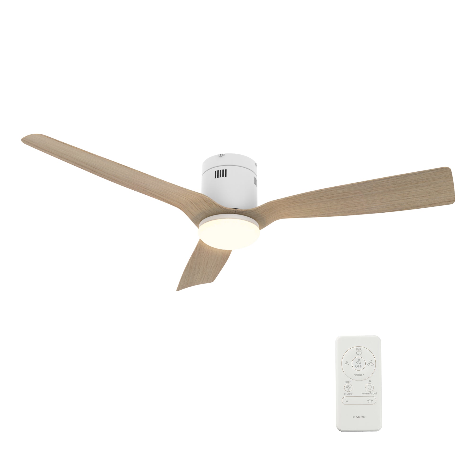 Carro Home SPEZIA 52" 3-Blade Flush Mount Smart Ceiling Fan with LED Light Kit & Remote - White/Light Wood fan Blades