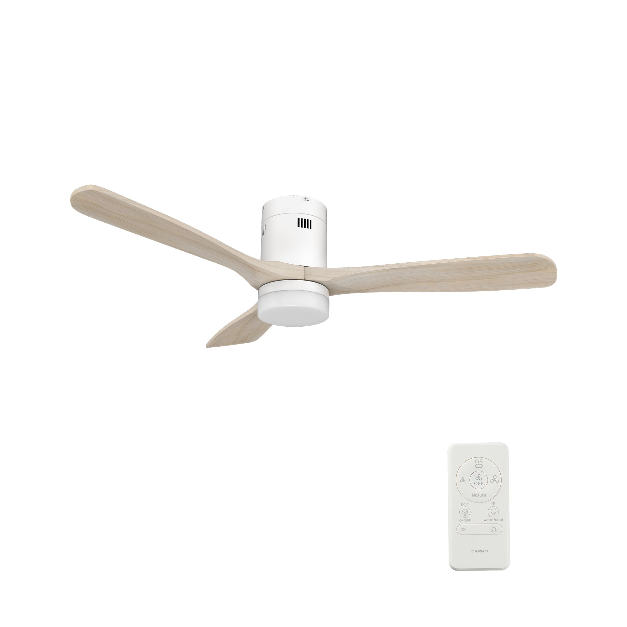 Carro LABELLE 52 inch 3-Blade Flush Mount Smart Ceiling Fan with LED Light Kit & Remote- White/White Oak