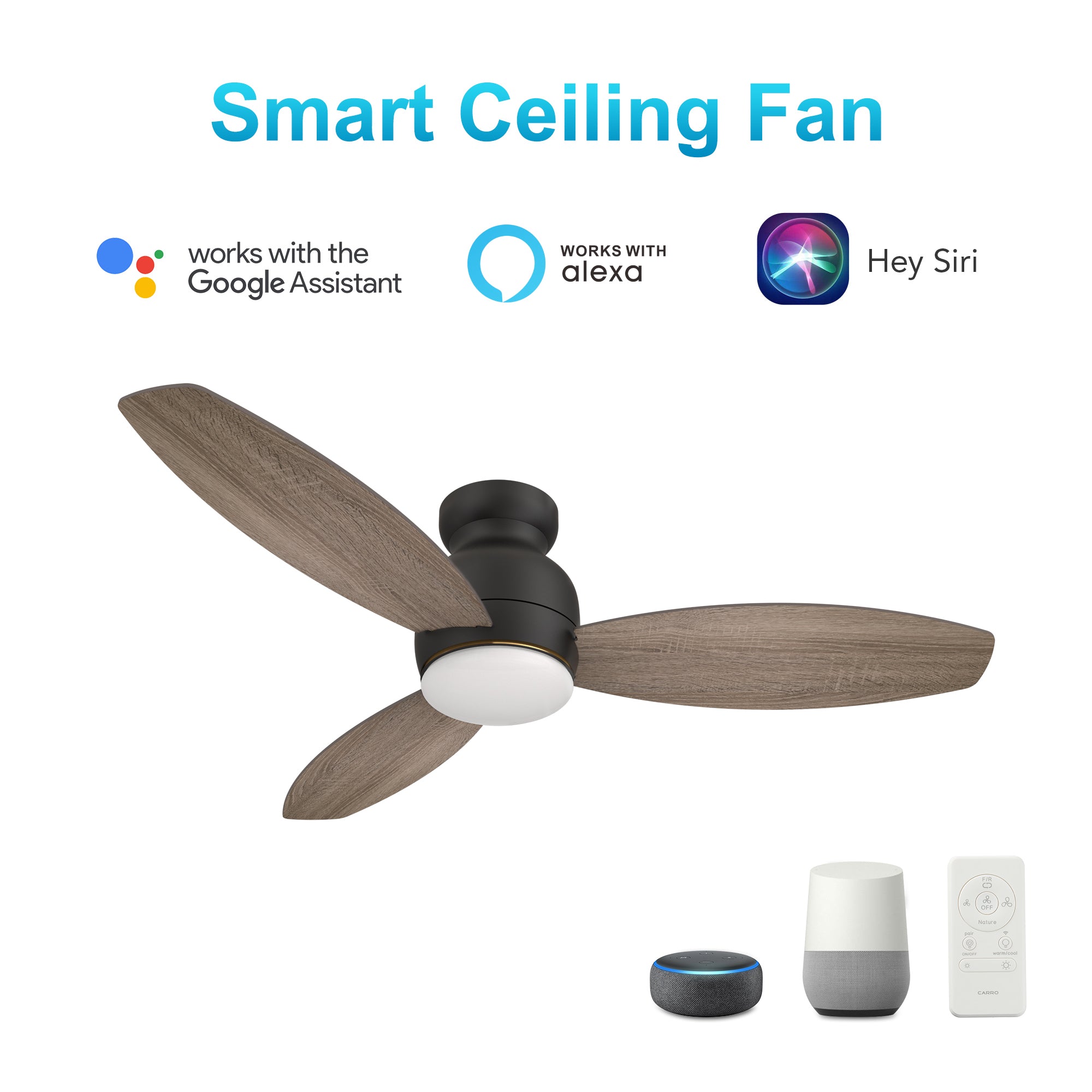 Carro Home TRENTO 52 inch 3-Blade Smart Ceiling Fan with LED Light Kit & Remote- Dark Wood/Light Wood (Reversible Blades)