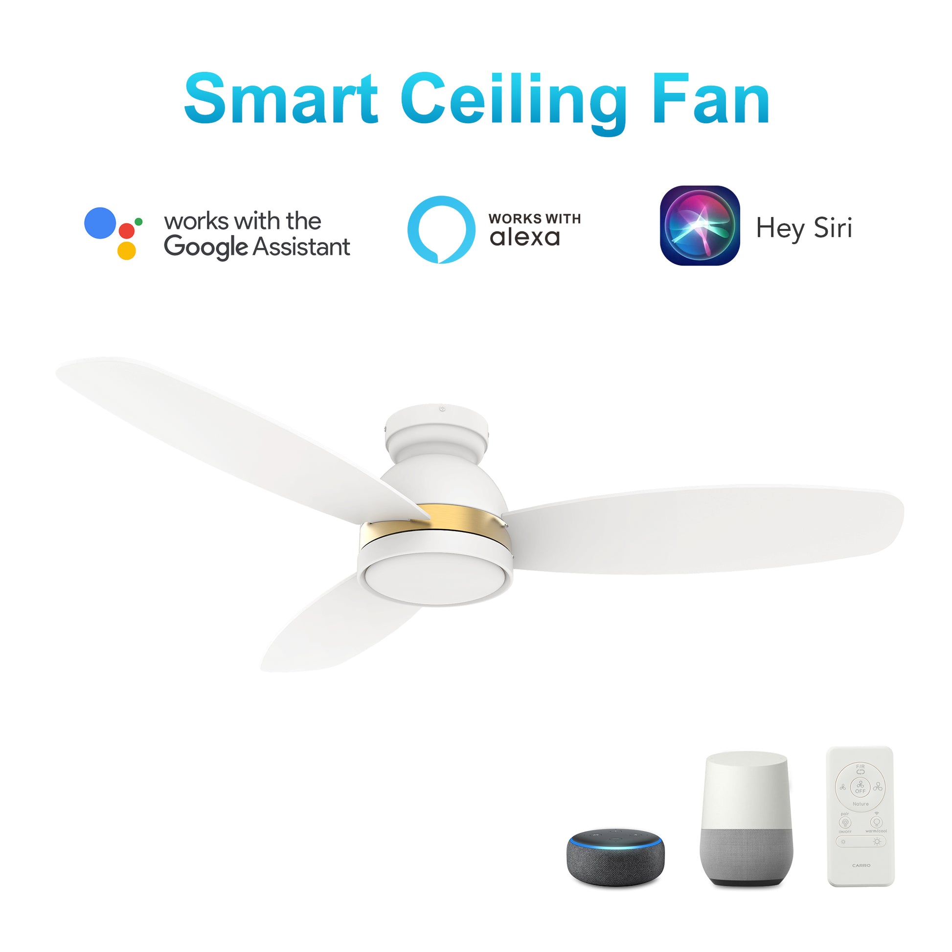 Carro FREMONT 52 inch 3-Blade Flush Mount Smart Ceiling Fan with LED Light Kit & Remote- White/White