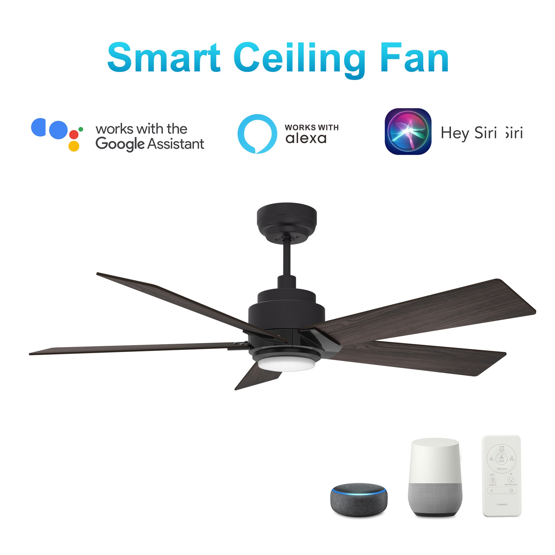 Carro ASCENDER 52 inch 5-Blade Smart Ceiling Fan with LED Light & Remote Control - Black/Dark Wood