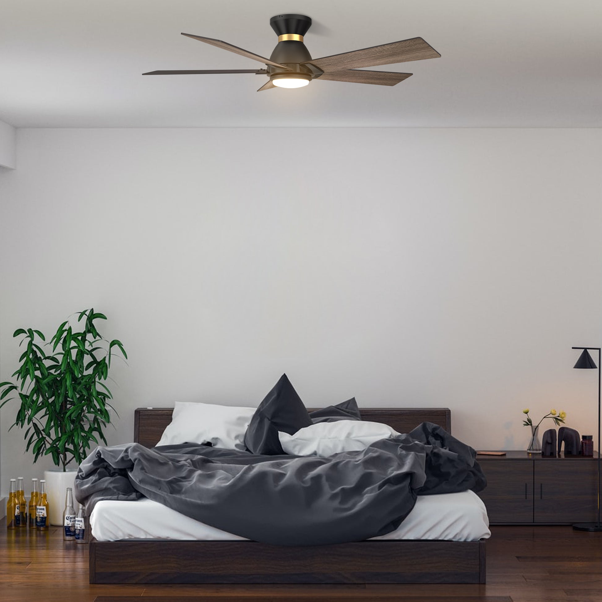Carro ASCENDER 52 inch 5-Blade Flush Mount Smart Ceiling Fan with LED Light & Remote Control - Black & Gold /Walnut & Barnwood (Reversible Blades)