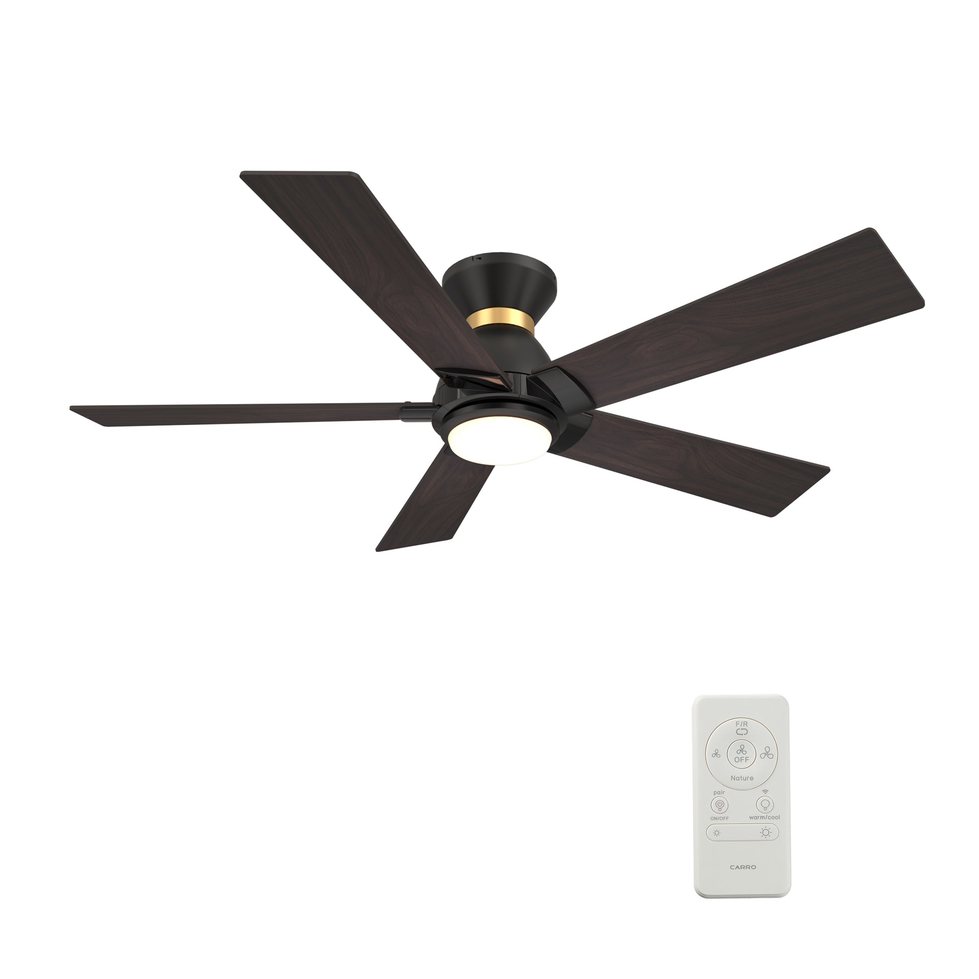 Carro ASCENDER 52 inch 5-Blade Flush Mount Smart Ceiling Fan with LED Light & Remote Control - Black & Gold /Walnut & Barnwood (Reversible Blades)