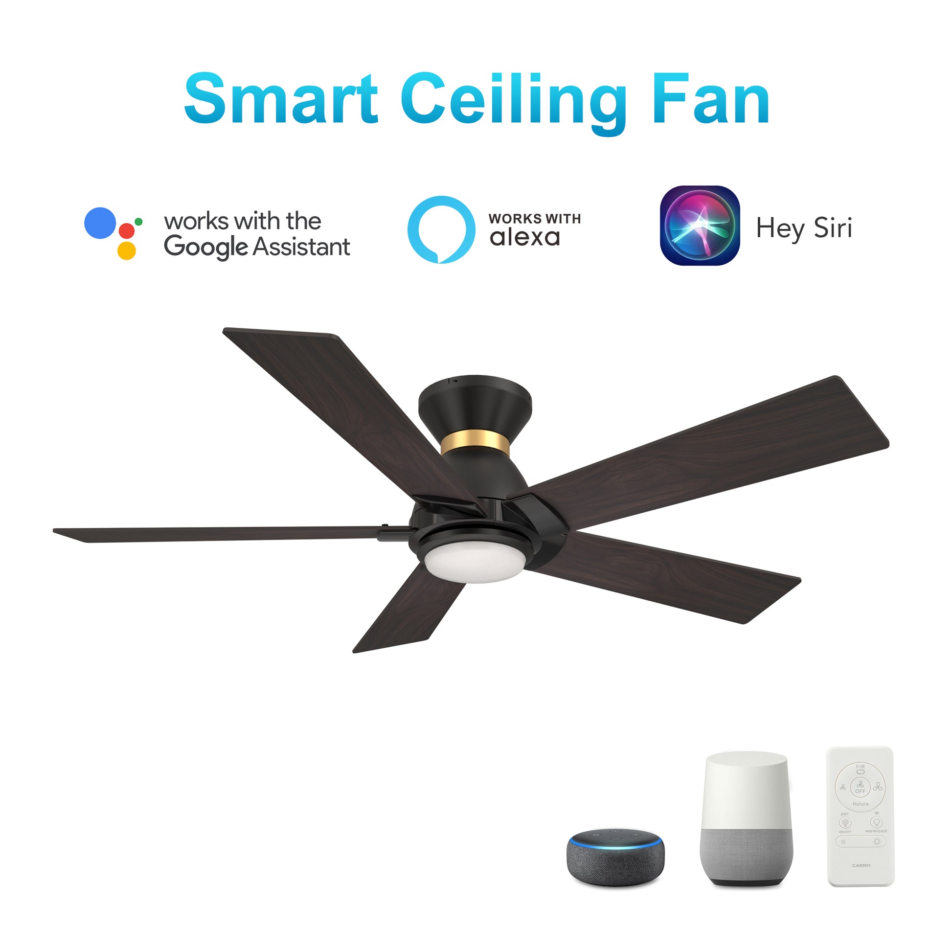 Carro ASCENDER 52 inch 5-Blade Flush Mount Smart Ceiling Fan with LED Light & Remote Control - Black & Gold /Walnut & Barnwood (Reversible Blades)