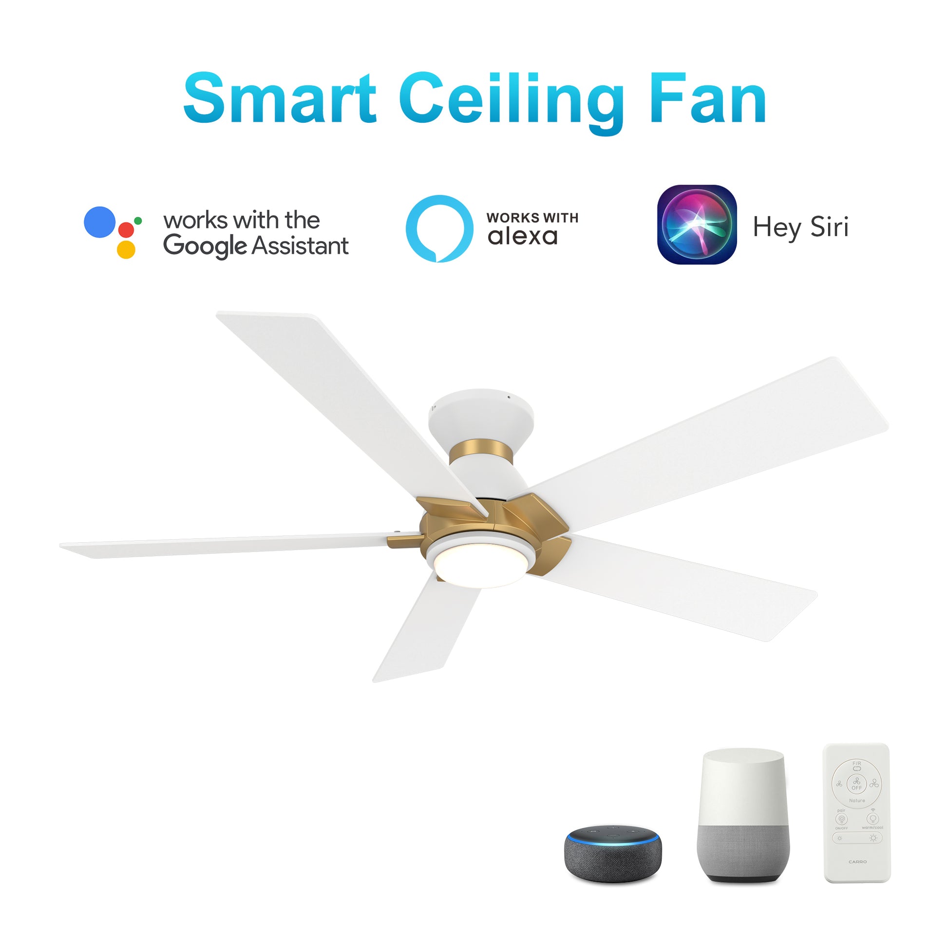 Carro Home ASCENDER 52 inch 5-Blade Flush Mount Smart Ceiling Fan with LED Light & Remote Control - White/White (Gold Detail) Fan Blades