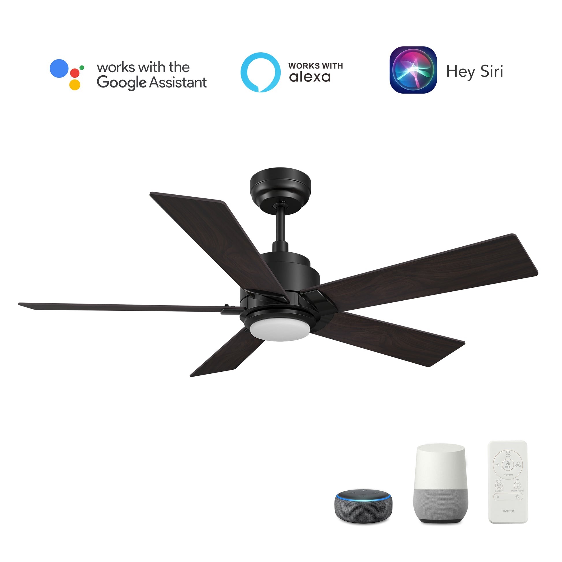 Carro ASCENDER 56 inch 5-Blade Flush Mount Smart Ceiling Fan with LED Light & Remote Control - Black/Walnut & Barnwood (Reversible Blades)