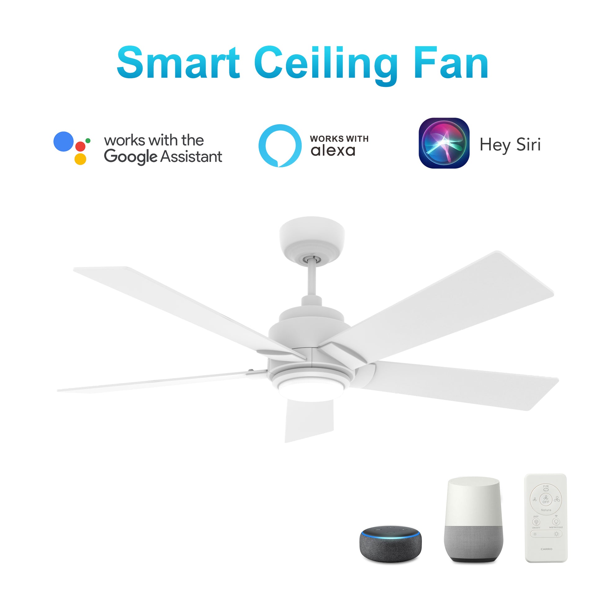 Carro ASCENDER 56 inch 5-Blade Flush Mount Smart Ceiling Fan with LED Light & Remote Control - White/White