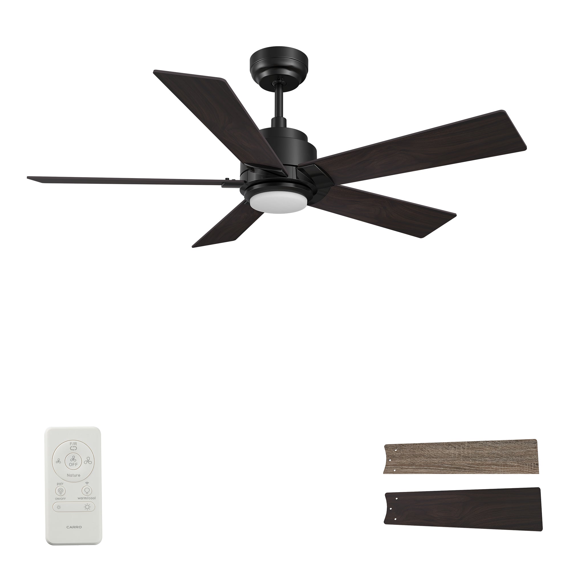 Carro ASCENDER 60 inch 5-Blade Smart Ceiling Fan with LED Light & Remote Control - Black/Walnut & Barnwood (Reversible Blades)