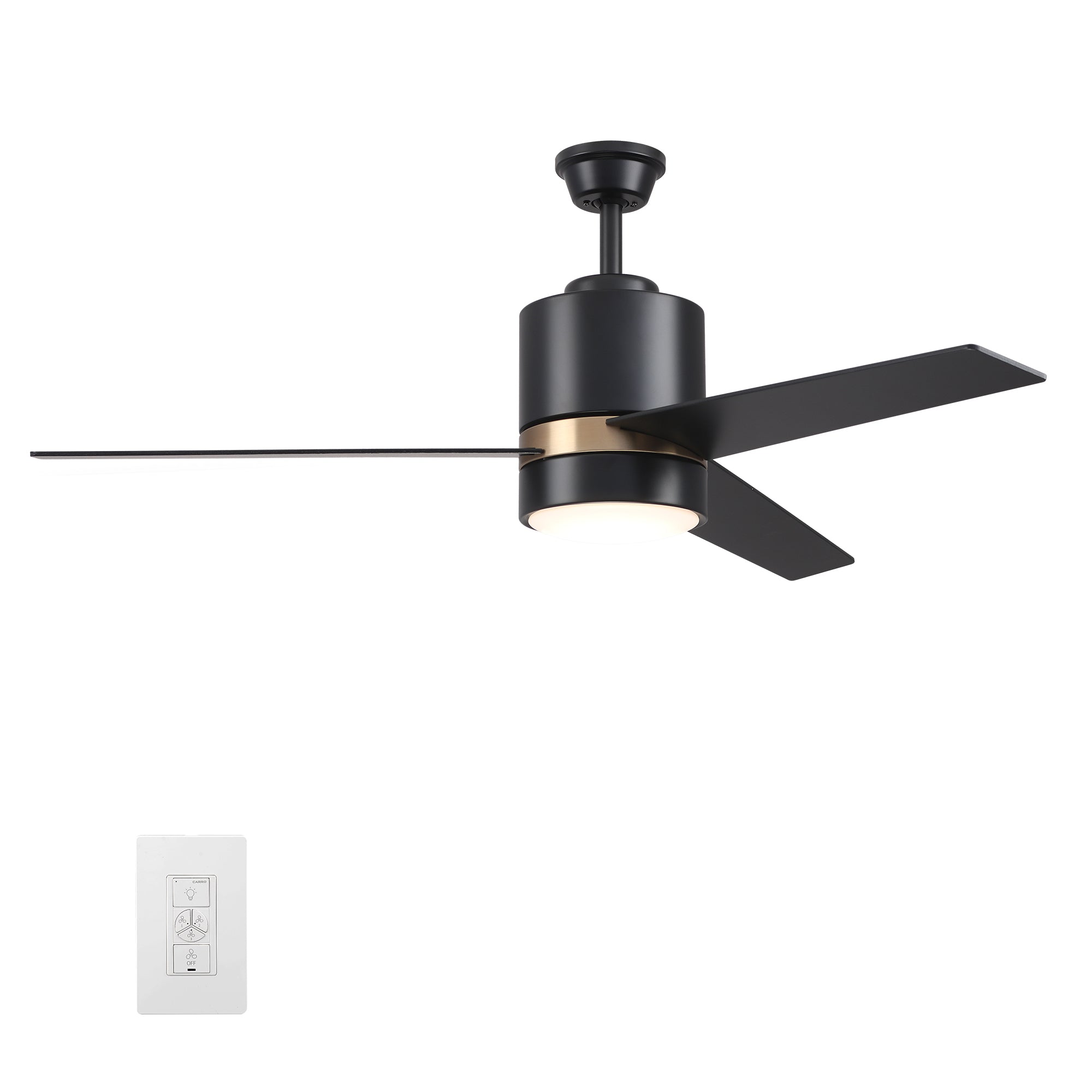 Carro Home RAIDEN 52 inch 3-Blade Smart Ceiling Fan with LED Light Kit & Smart Wall Switch - Black/Black (Gold Detail)
