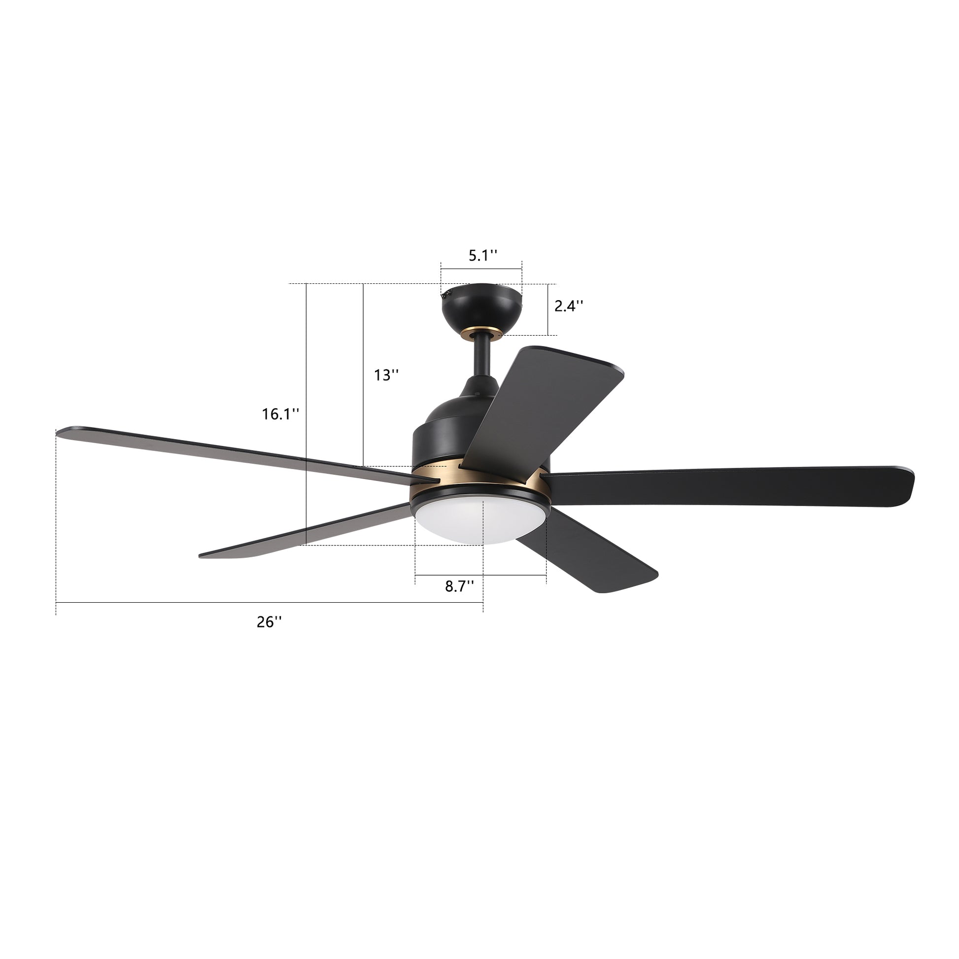 Carro USA SIMOY 52 inch 5-Blade Smart Ceiling Fan with LED Light Kit & Wall Switch - Black/Black (Gold Detail)