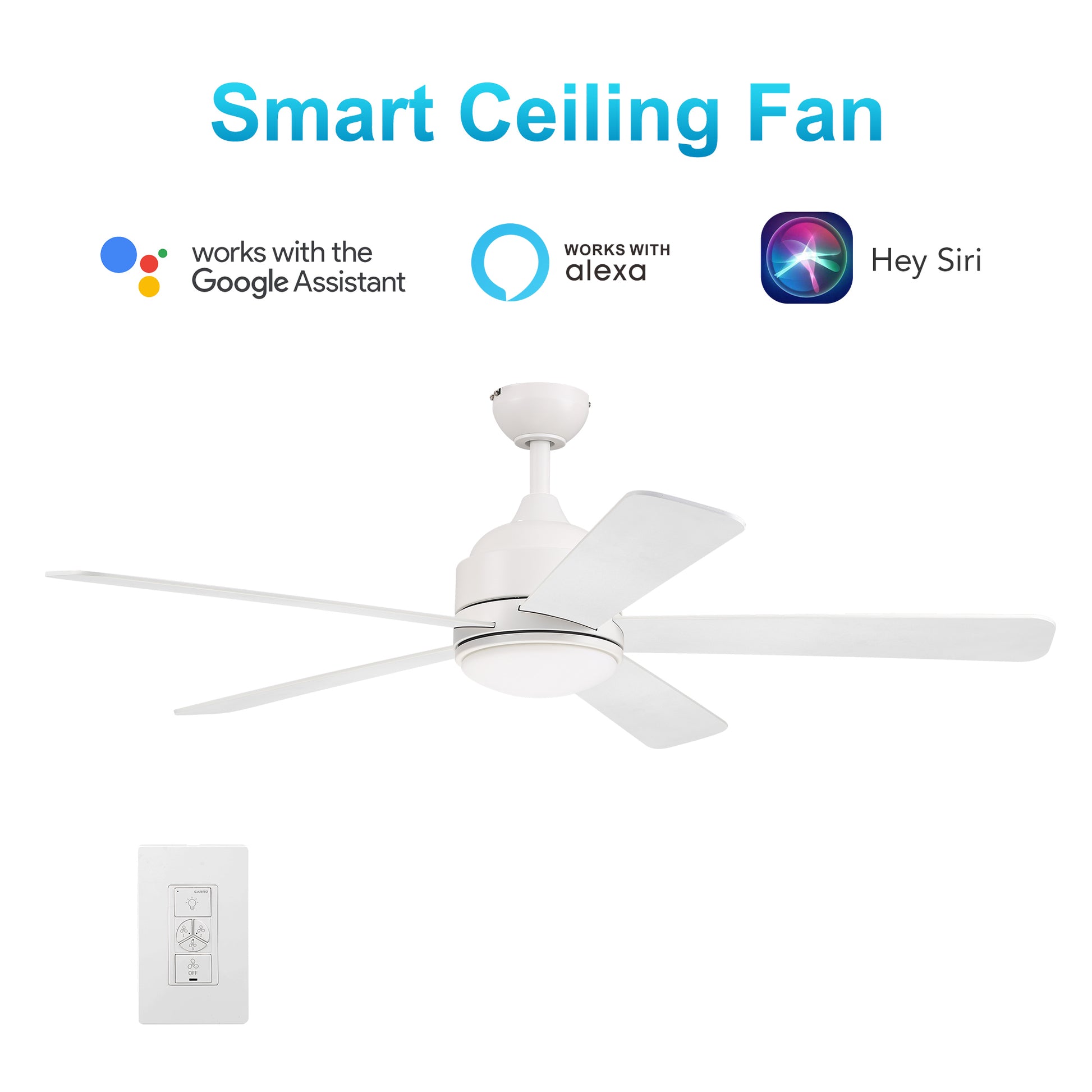 Carro SIMOY 52 inch 5-Blade Smart Ceiling Fan with LED Light Kit & Wall Switch - White/White & Light Wood (Reversible Blade)