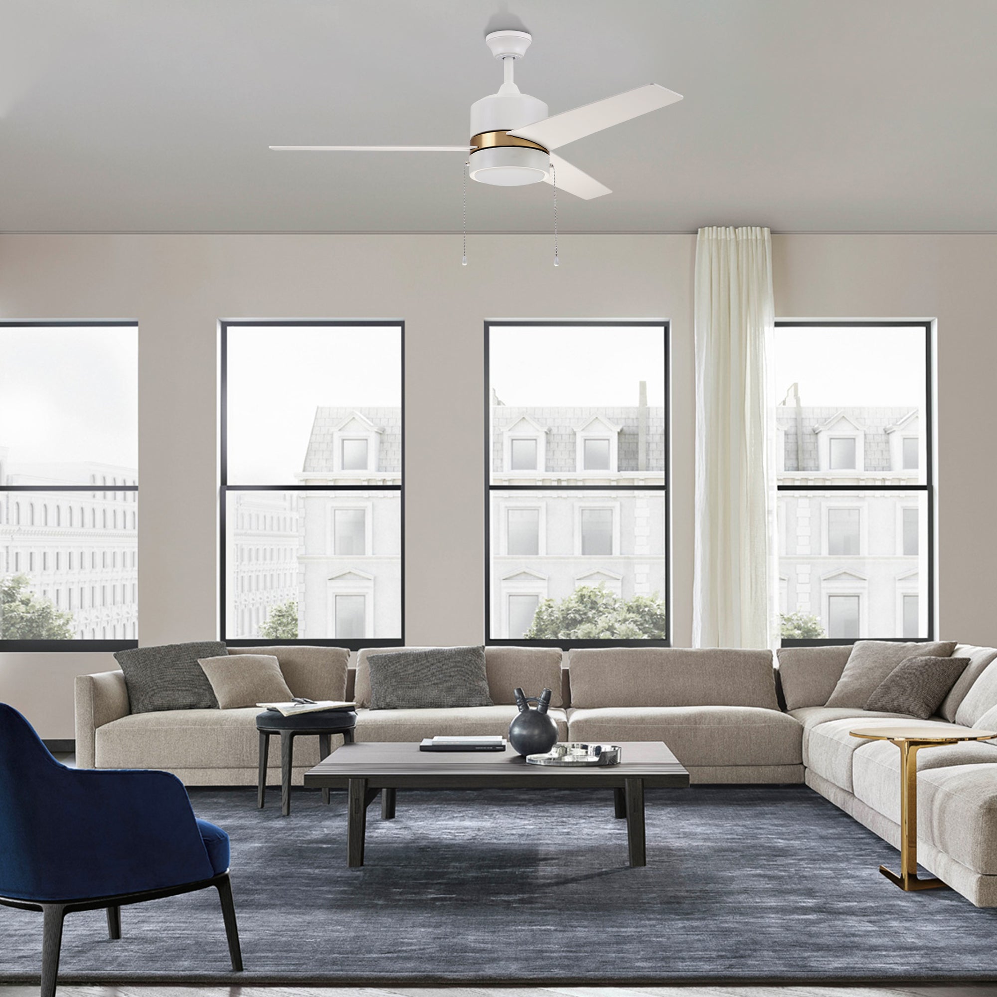 Carro Home FLINT 52 inch 3-Blade Ceiling Fan with Pull Chain - White/White (Gold Detail)