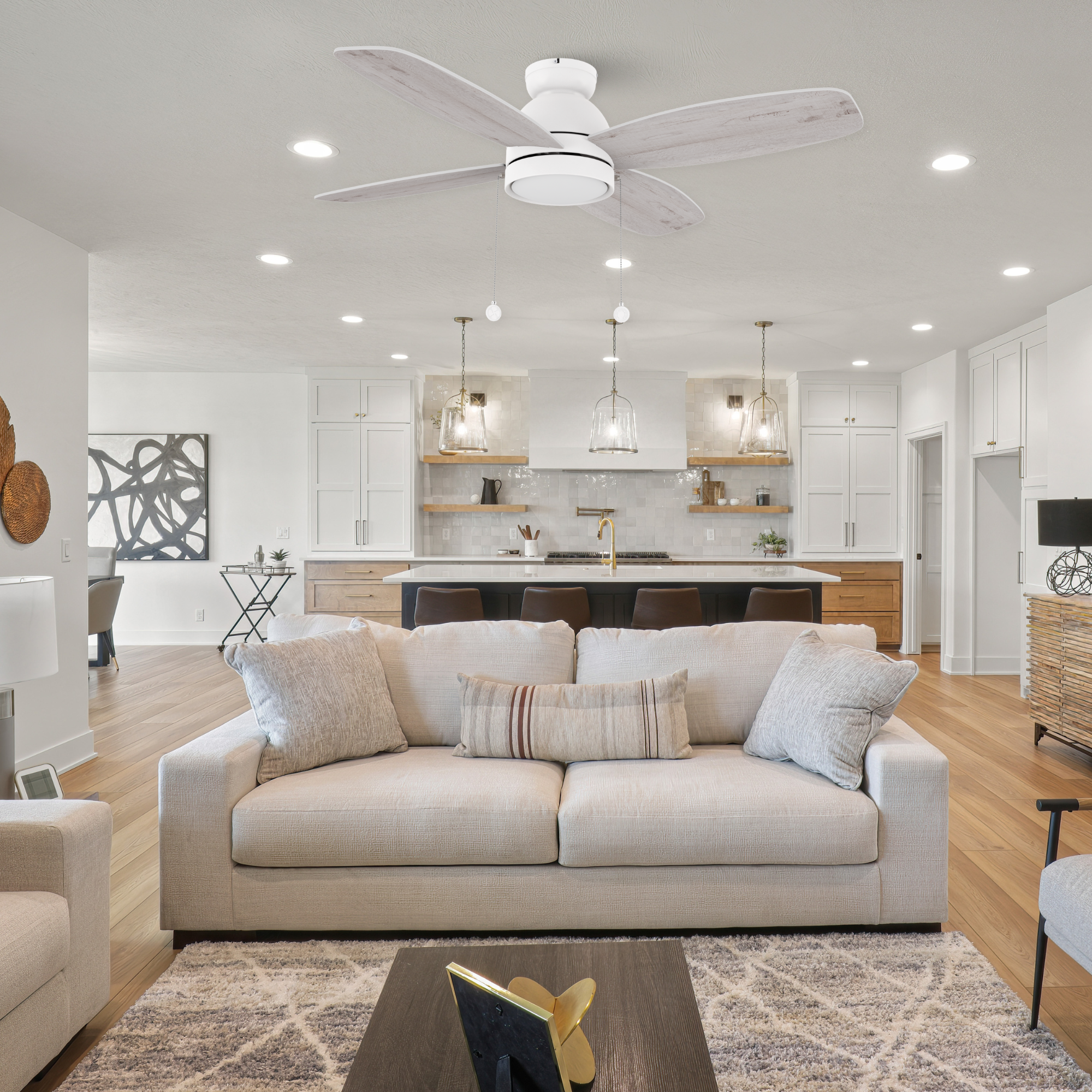 GREENWOOD 48" 4-Blade Flush Mount Ceiling Fan with LED Light & Pull Chain